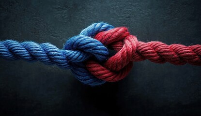 Fototapeta premium Intertwined red and blue ropes with a tight knot against dark backdrop, symbolic unity, textured fibers, high contrast lighting, minimalist composition.