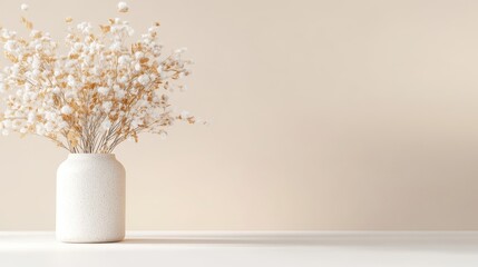 A white vase with delicate dried flowers on a minimalist shelf against a soft beige wall, and creating a serene and elegant home decor composition.