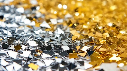 Shimmering transition from gold to silver foil confetti in dynamic closeup sequence - Powered by Adobe