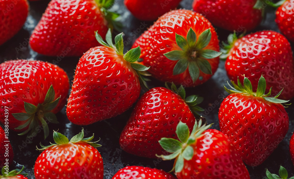 Poster bunch of red strawberries on a black surface. the strawberries are ripe and ready to eat. there are 