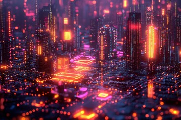 Fototapeta premium Futuristic digital cityscape with glowing neon elements and cyberpunk style