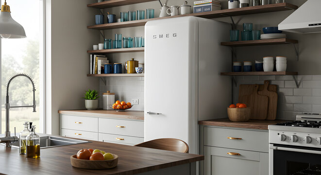 Modern Kitchen Interior Featuring Smeg Refrigerator And Open Shelving System