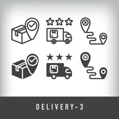 Cargo location, starred delivery and go to location. Simple linear and flat delivery icon set.