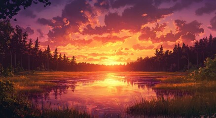 Obraz premium A beautiful sunset over a tranquil lake surrounded by forest trees