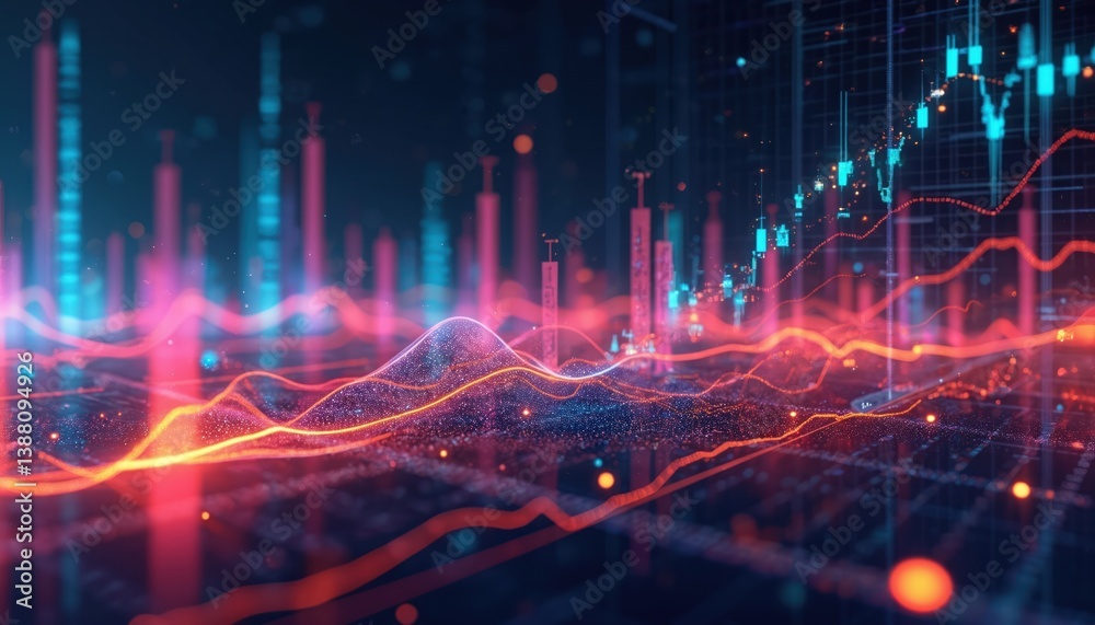 Poster futuristic data visualization showing regression analysis with dynamic trend lines, complex backgrou