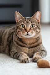 Obraz premium Friendly tabby cat relaxing indoors with toy on carpet