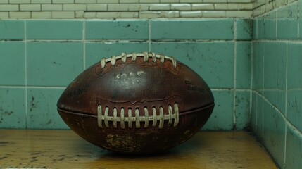 Worn leather football rests on a bench in a dilapidated locker room