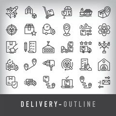 Simple set of 30 linear delivery company icons. Load, destination, transportation and cargo ship design.