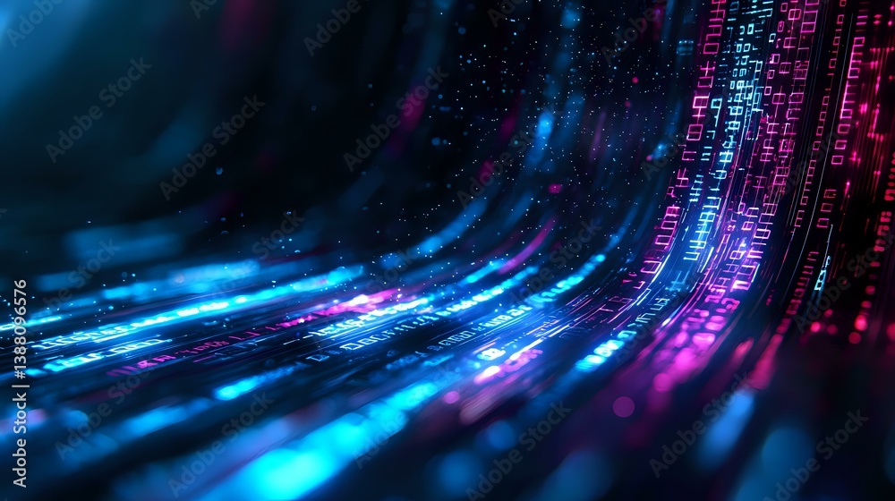 Poster futuristic digital data stream with glowing blue and pink light trails flowing through dark space, c