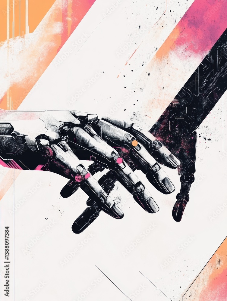 Poster human hand encounters robotic hand in artistic exploration of technology and intelligence in modern 