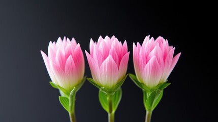 Naklejka premium Three delicate pink flowers in a row against a black background