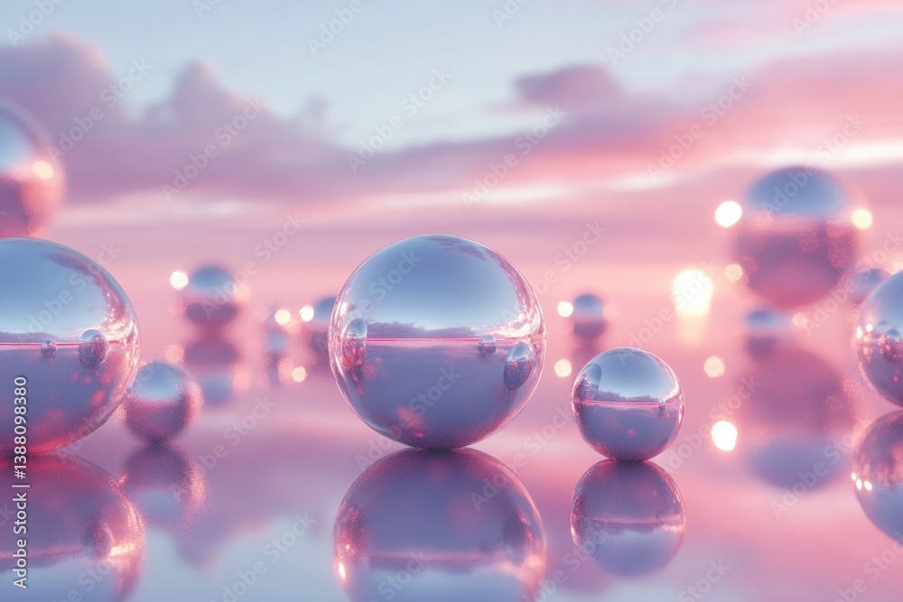 Poster floating holographic spheres create a serene atmosphere in a futuristic digital landscape at dusk wi