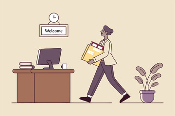 Start new job, onboarding new hire or begin career position, employee move to new office or opportunity, employment and recruitment concept, businessman starting new job walk to welcome office desk.