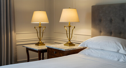 Elegant Hotel Room with Marble Topped Tables and Golden Bedside Lamps