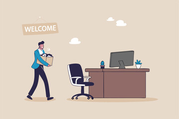 Start new job, onboarding new hire or begin career position, employee move to new office or opportunity, employment and recruitment concept, businessman starting new job walk to welcome office desk.