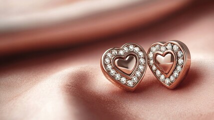 Pair of diamond heart earrings laying flat on dusky rose-colored cloth