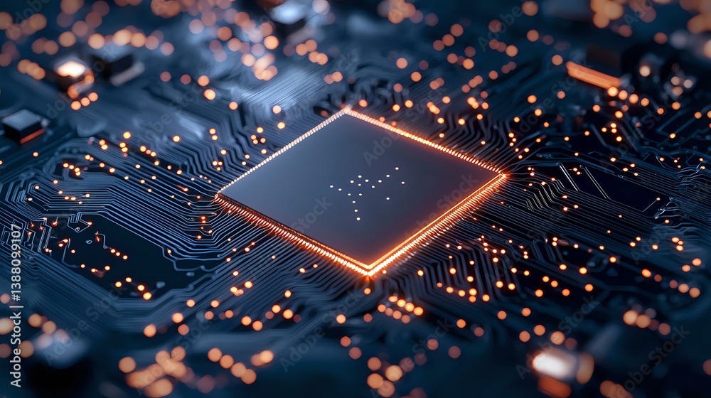 Poster glowing microprocessor on circuit board with orange light effect and bokeh. modern computer chip tec