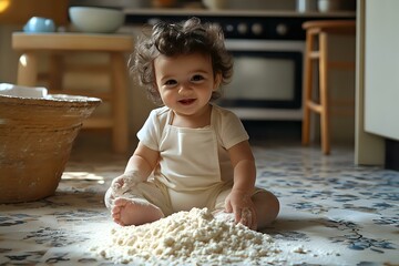 Smiling mixed-race toddler in white outfit sitting on kitchen floor playing with flour, creating mess during baking activity. Natural lighting, lifestyle moment.