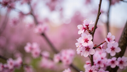 Obraz premium Single cherry blossom in full bloom in serene garden at dusk, beauty