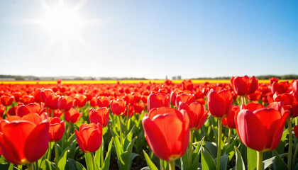 Vibrant red tulips swaying in the bright sun, nature's beauty