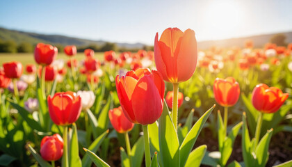 Obraz premium Vibrant red tulips swaying in the breeze on sunny afternoon, serenity