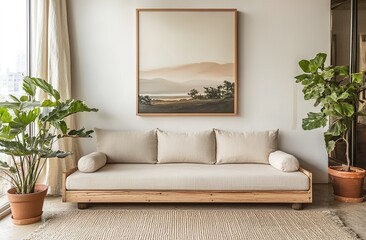 Simplistic living room with a wooden frame cream sofa, two green plants on either side, a black and white landscape painting on the wall, and a light-colored rug on the floor