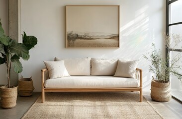 Simplistic living room with a wooden frame cream sofa, two green plants on either side, a black and white landscape painting on the wall, and a light-colored rug on the floor
