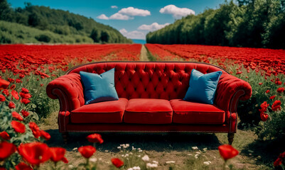 Red velvet sofa in vibrant poppy field under blue sky with clouds