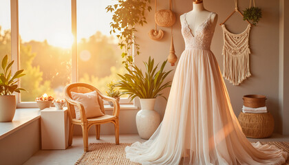 Bohemian wedding dress hanging on mannequin during sunset, rustic charm