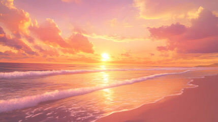 Fototapeta premium An isolated beach at sunset with the sky ablaze in golden and pink tones, the calm waves reflecting the vibrant hues of the sky.