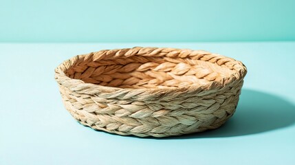 Fototapeta premium Round basket with flat base on soft turquoise background
