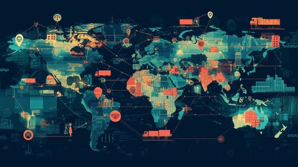 Obraz premium Global connectivity map showcasing trade routes digital world infographic design modern technology aerial view global economy