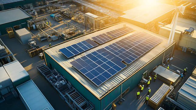 Aerial shot of green manufactueing factory. - Powered by Adobe