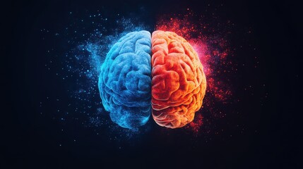 Brain activation Fuction. Colorful split brain illustration with abstract particles surrounding it.