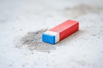 A Red and Blue Rectangular Eraser,  Scattered with Fine Grey Dust,  Lying on a Light-Colored Surface,  Highlighting the Process of Erasure,  A Tiny Piece of History of Learning,  in a Simple Close-Up.
