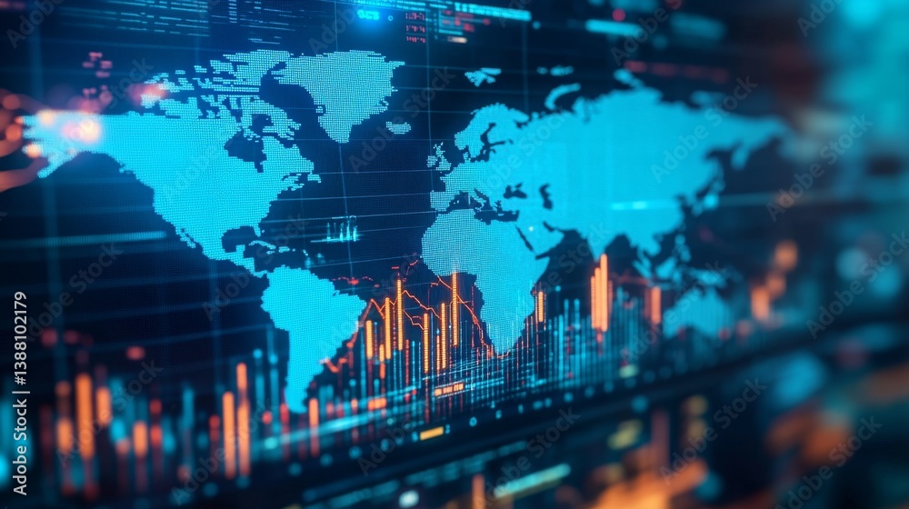 Poster visualizing global data trends digital world map infographic virtual environment data analysis persp