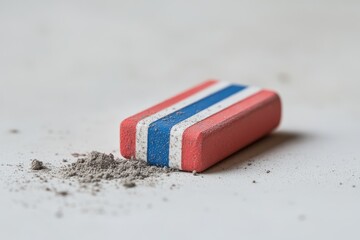 Close-up of a Used Rectangular Pink Eraser with Blue and White Stripes, Showing Dust and Debris, a Simple Reminder of Mistakes and Corrections.