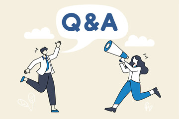 QA, question and answer session, FAQ or frequently asked questions, information to solve problem concept, businessman and woman shouting on megaphone as Q and A on speech bubble.