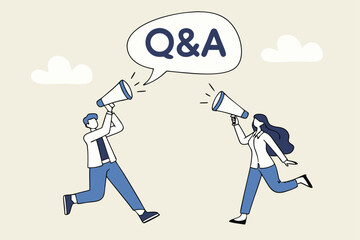 QA, question and answer session, FAQ or frequently asked questions, information to solve problem concept, businessman and woman shouting on megaphone as Q and A on speech bubble.