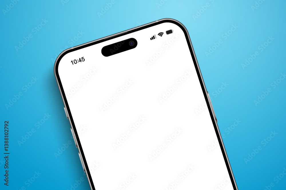 Poster Smartphone mockup on blue background, 3D mobile phone device front view for ui ux presentation, high quality smart phone mockup with shadow, tilted realistic smart phone isolated