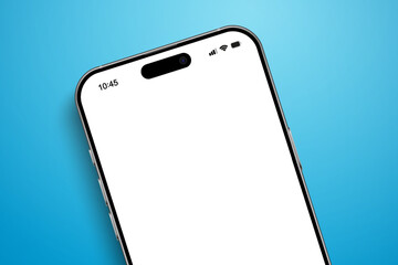 Smartphone mockup on blue background, 3D mobile phone device front view for ui ux presentation, high quality smart phone mockup with shadow, tilted realistic smart phone isolated