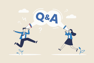 QA, question and answer session, FAQ or frequently asked questions, information to solve problem concept, businessman and woman shouting on megaphone as Q and A on speech bubble.
