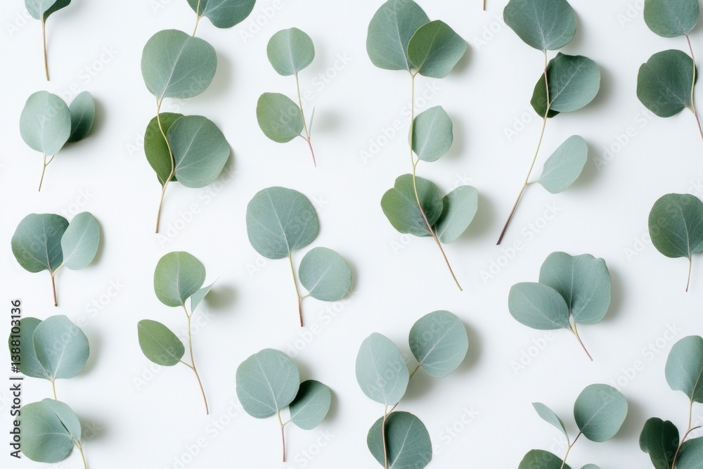 Poster eucalyptus leaves arranged in a minimalist flat-lay on a soft white surface, showcasing fresh botani