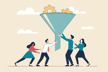 Marketing funnel or sales conversion, people or employee management, meeting brainstorm for new idea, customer purchase pipeline concept, people in sales and marketing funnel with lightbulb outcome.
