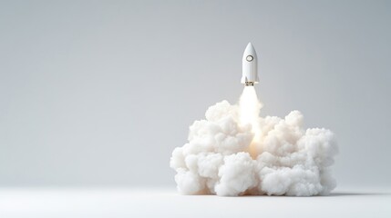 A white rocket ascends, leaving a white smoke trail. The scene is minimalist, set against a light gray backdrop. High-resolution imagery with bright, even lighting creates a clean aesthetic. The colo