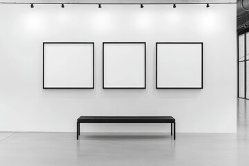 Modern Empty Gallery Wall with Three Blank Picture Frames and a Simple Bench, Awaiting Artistic Expression