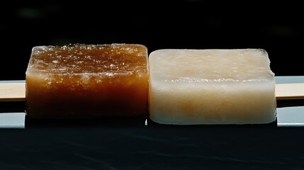 Two square ice pops, one brown, one pale yellow, on a wooden stick