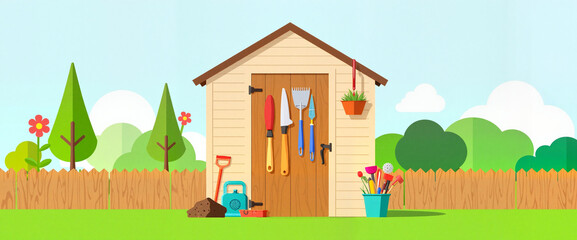 Stylized garden shed with tools in bright garden, outdoor inspiration