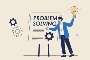 Problem solving skill, idea to solve difficulty challenge, process or procedure to fix problem, information to achieve goal concept, businessman present problem solving procedure on whiteboard.