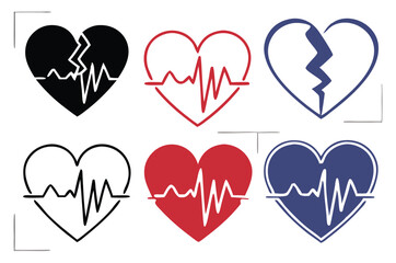 Broken and Beating Heart Icon Set – Black and White Vector Symbols of Love, Heartbreak, Pulse, and Health for Apps, Tattoos, and Emotional Design.